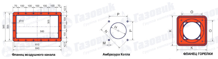 Габаритные размеры фланцев и амбразуры комбинированных горелок Cib Unigas серии HTP 1030 - 1080 и KTP 1030 - 1080
