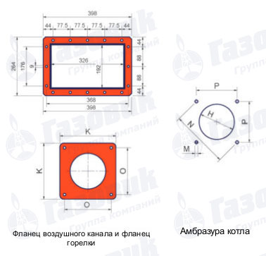 Габаритные размеры фланцев и амбразуры горелок Cib Unigas серии TP 90A - 93A Газ